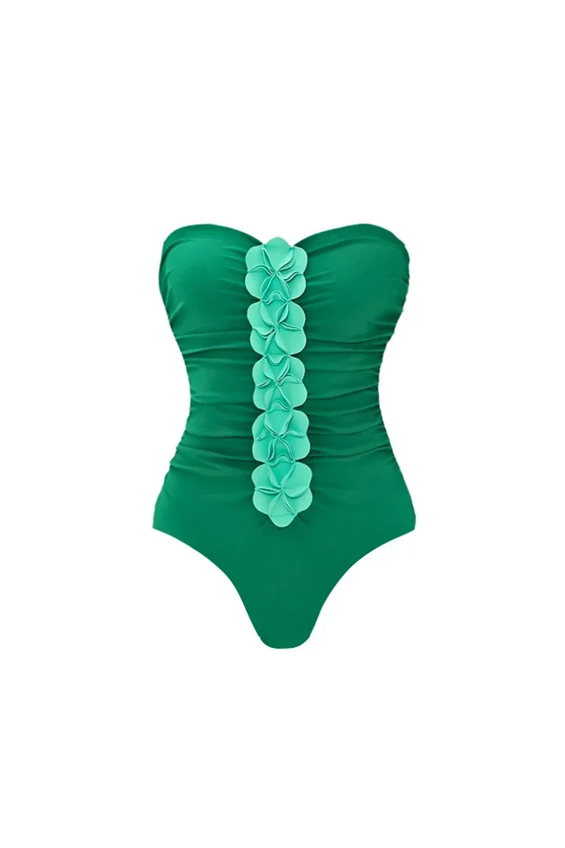 Green 3D Flower Strapless Swimsuit