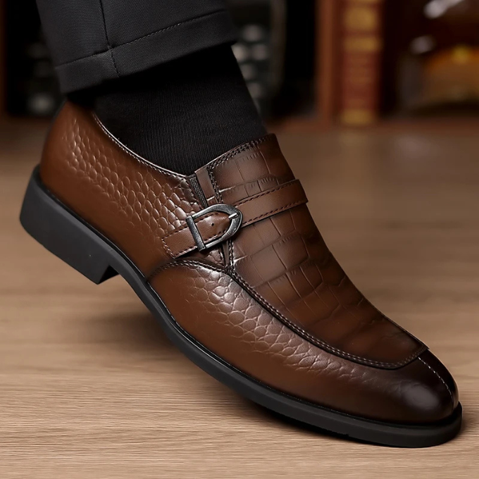 Polished Leather Monk Strap Shoes with Croc-Embossed Texture