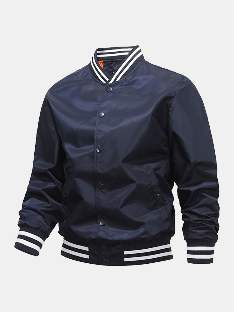 Men's Classic Baseball Bomber Jacket – Snap-Button Varsity Style Outerwear with Striped Ribbed Trims for Casual Spring and Autumn Wear