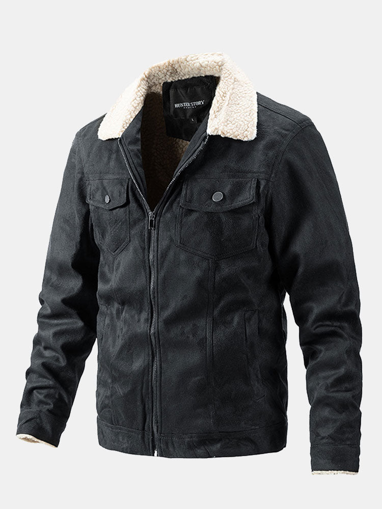 Men's Teddy-Lined Faux Suede Jacket – Warm Winter Zip-Up Outerwear with Sherpa Collar and Utility Chest Pockets