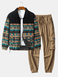 Men's Printed Teddy Fleece Jacket and Corduroy Cargo Jogger Set – Relaxed Zip-Up Outfit for Autumn and Winter Streetwear