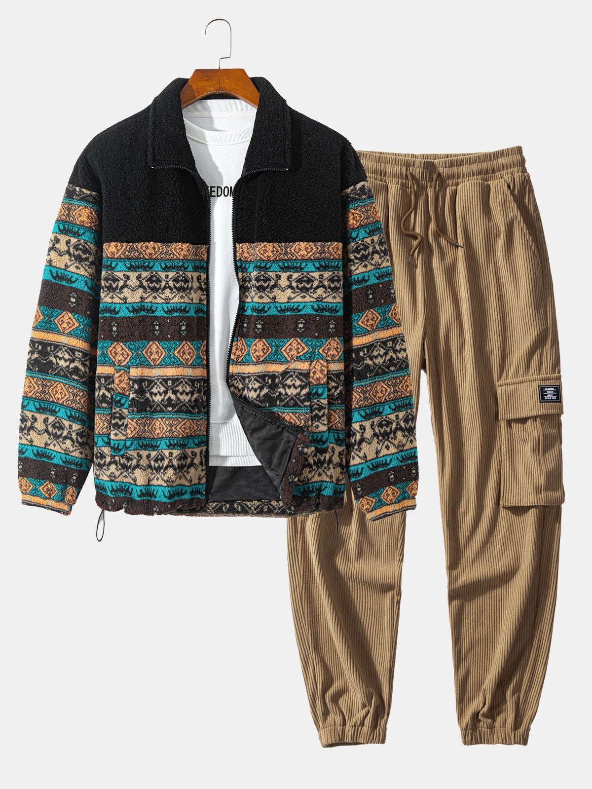 Men's Printed Teddy Fleece Jacket and Corduroy Cargo Jogger Set – Relaxed Zip-Up Outfit for Autumn and Winter Streetwear