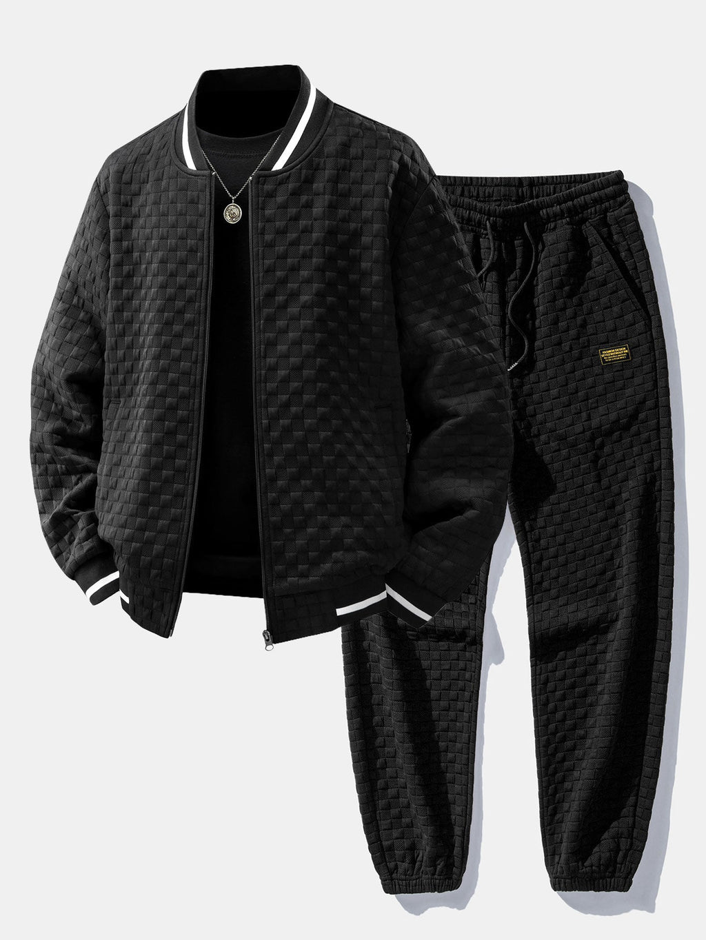 Men's Textured Jacquard Bomber Jacket and Jogger Set – Zip-Up Two-Piece Tracksuit for Casual Streetwear and Everyday Wear