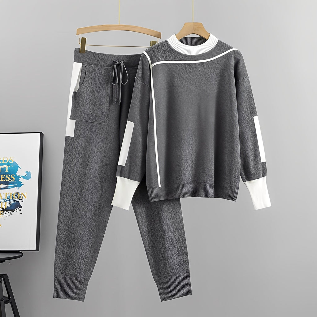 Women's Contrast Trim Long-Sleeve Sweatshirt and Jogger Trousers Set – Relaxed Sporty Two-Piece Outfit for Everyday Casual Wear