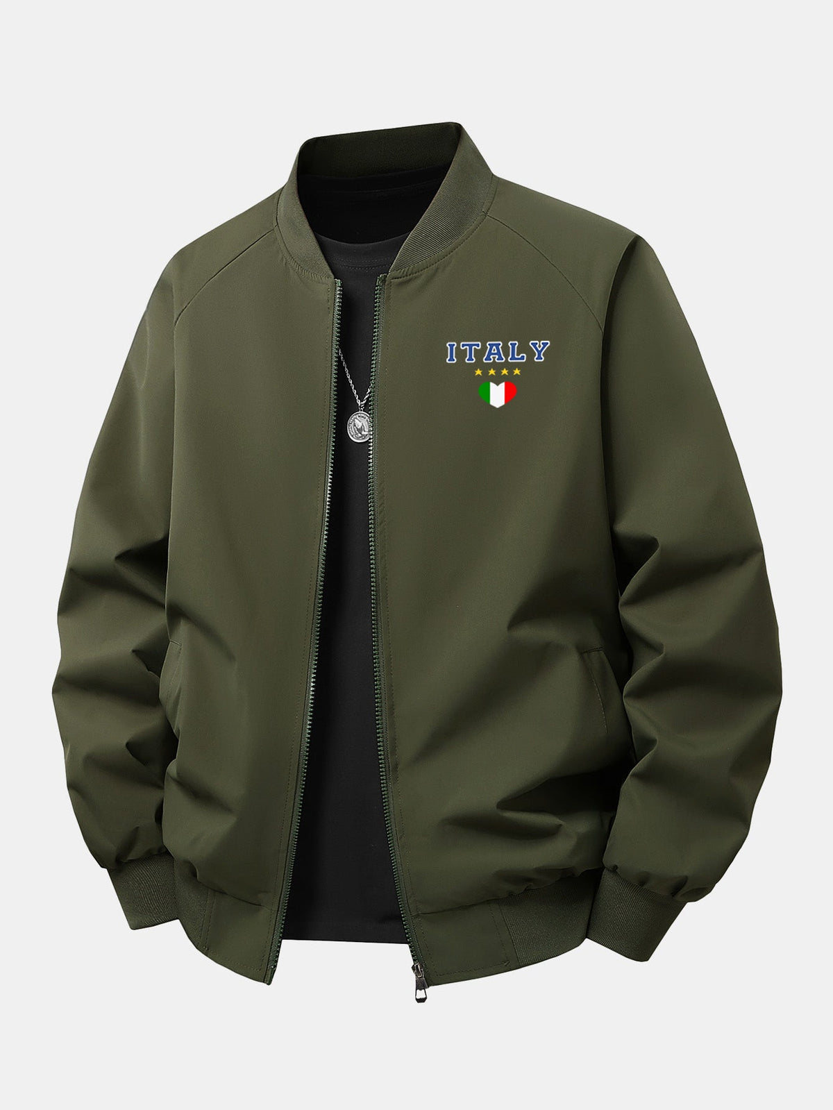 Men's Italy Graphic Bomber Jacket – Relaxed Fit Zip-Up Casual Outerwear with Ribbed Trims for Spring and Autumn