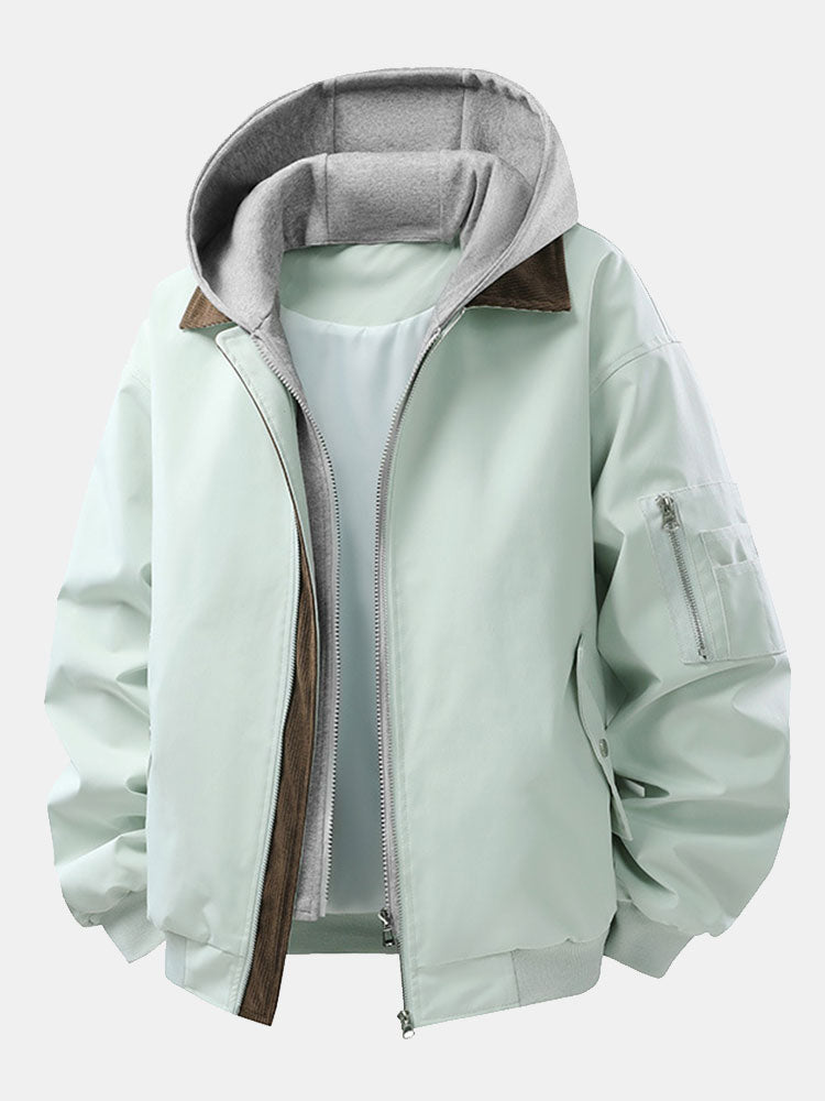 Men's Relaxed Fit Bomber Jacket with Detachable Hood – Contrast Corduroy Collar and Zip-Up Casual Outerwear for Spring and Autumn