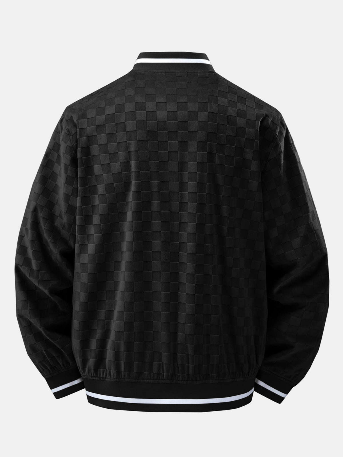 Men's Checkerboard Faux Suede Varsity Bomber Jacket – Relaxed Snap-Button Baseball Style Outerwear for Casual Streetwear