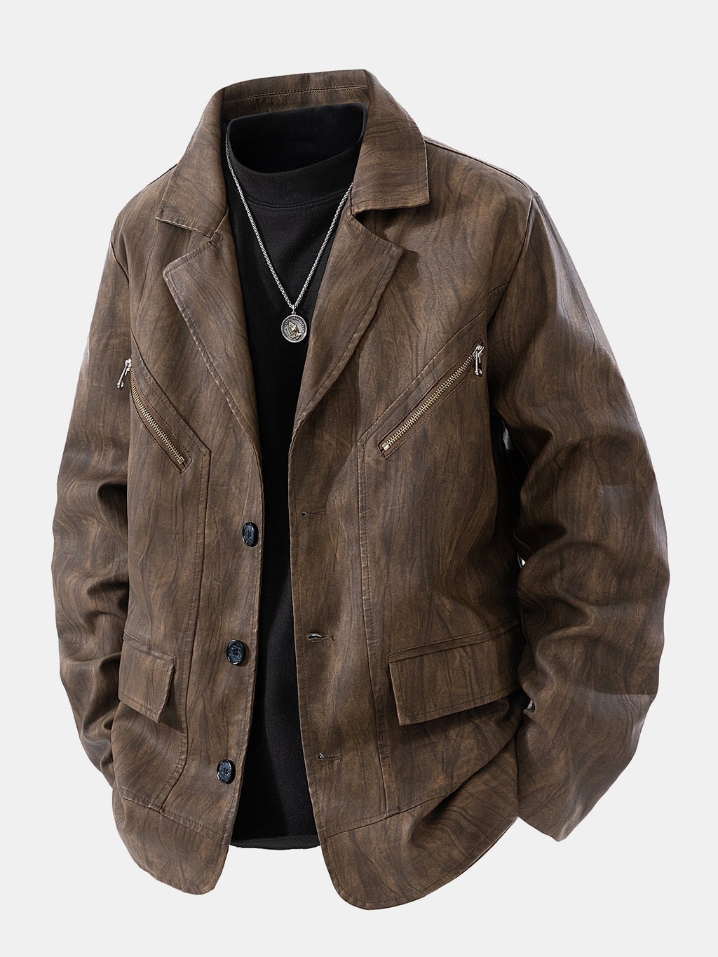 Men's Vintage Textured Faux Leather Jacket – Relaxed Notch Collar Button-Up Outerwear with Zipped Chest Pockets for Smart Casual Wear