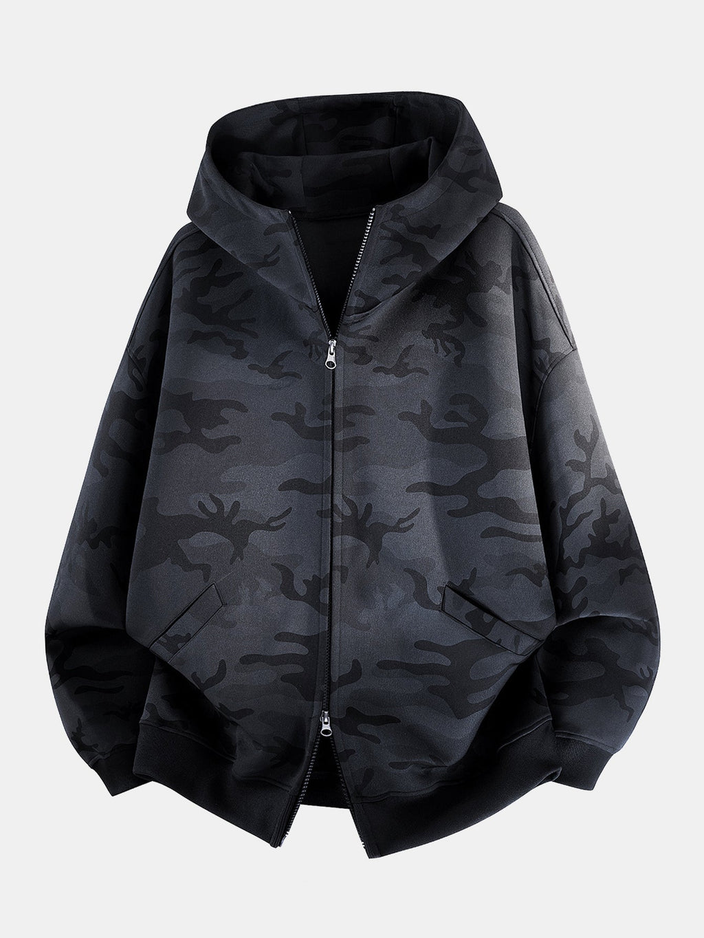 Men's Oversized Camouflage Zip-Up Hoodie – Relaxed Hooded Sweatshirt with Dropped Shoulders for Casual Streetwear