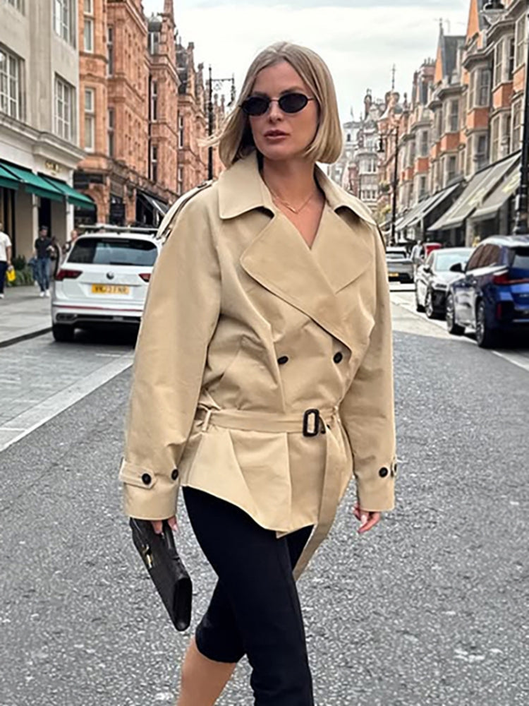 Coat with a Fitted Cut, Lapel Collar and Belt