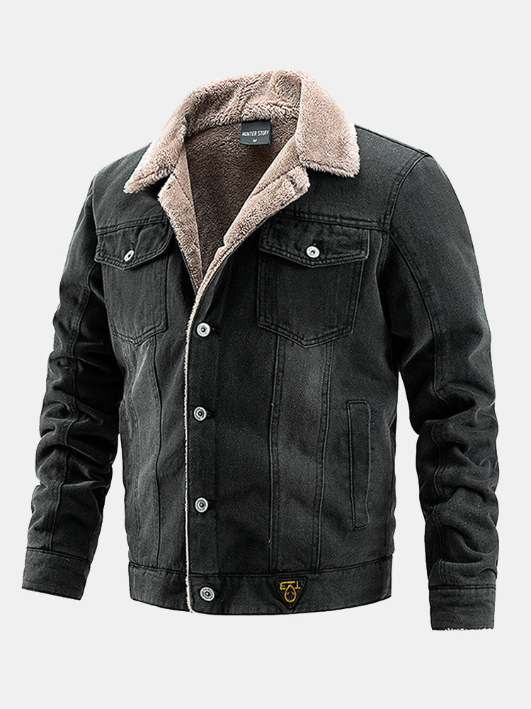 Men's Sherpa-Lined Denim Jacket with Button Front – Warm Vintage Style Outerwear for Autumn and Winter
