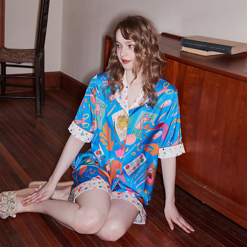 Stationery Print Relaxed Short-Sleeve Loungewear Set Blue