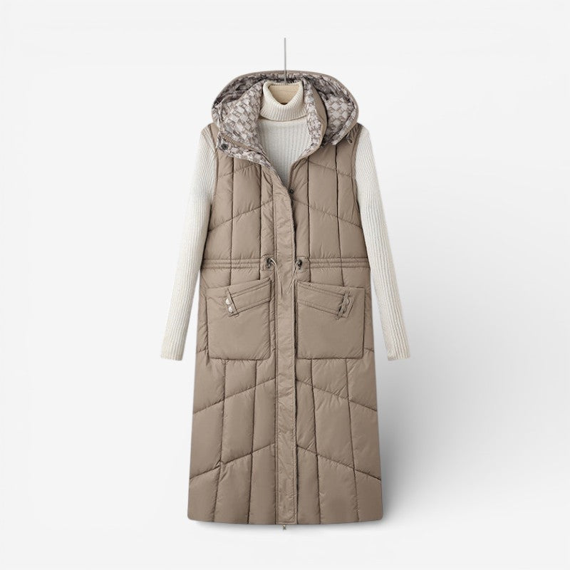 Women’s Longline Reversible Quilted Gilet with Hood and Adjustable Waist – Warm Sleeveless Padded Bodywarmer for Autumn and Winter