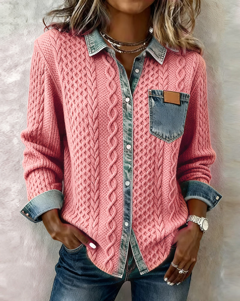 Women's Chunky Cable Knit Button-Up Cardigan with Denim Collar and Chest Pocket – Relaxed Long Sleeve Layer for Autumn and Winter Casual Wear