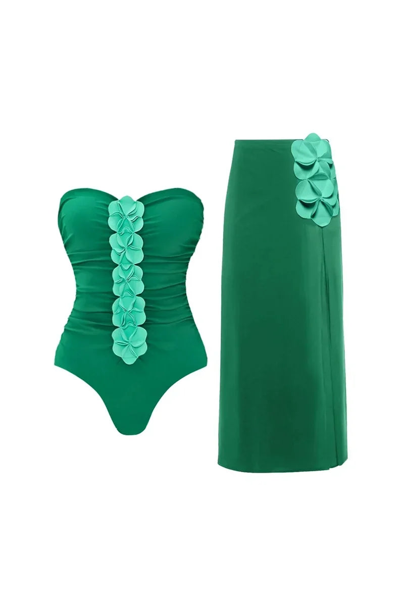 Green 3D Flower Strapless Swimsuit