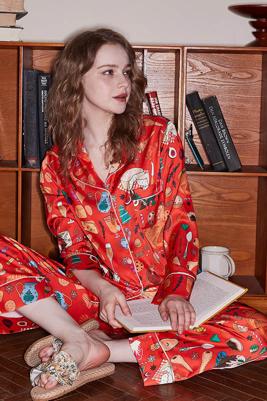 Coordinated Dessert Print Long Sleeve Ice Silk Loungewear Set