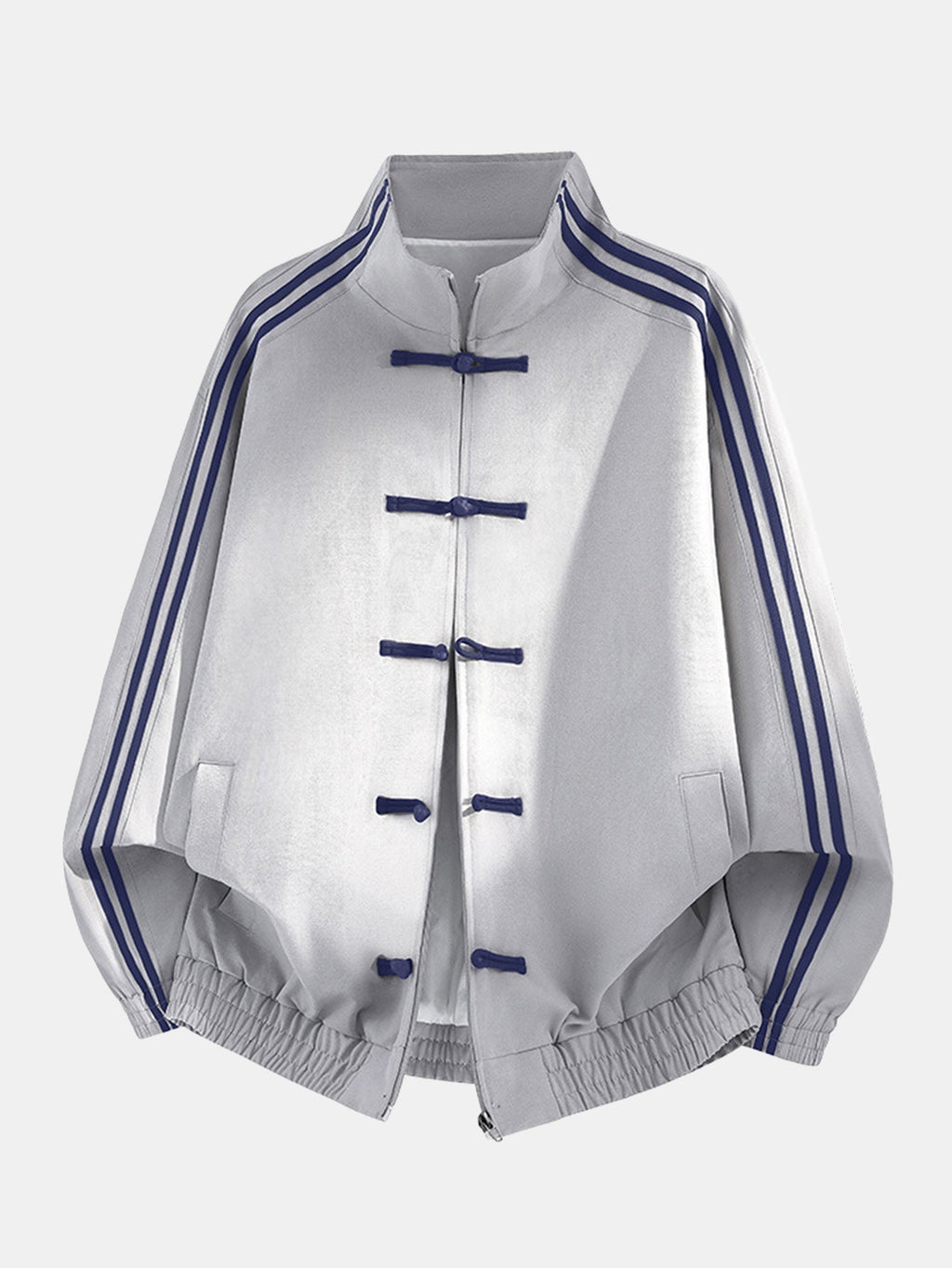 Men's Chinese-Inspired Track Jacket – Relaxed Stand Collar with Frog Button Detailing and Striped Sleeves for Casual Streetwear