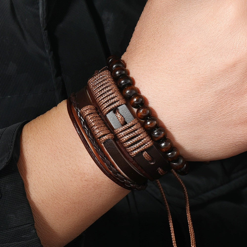Men's 3-Piece Tribal Waxed Cord and Leather Bracelet Set - Terrakai