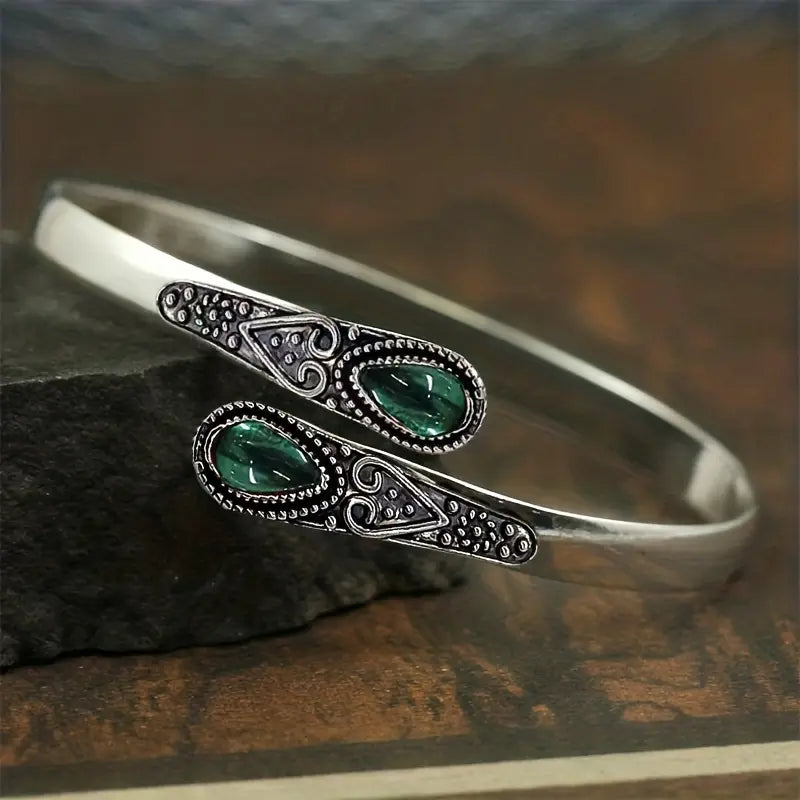 Open Silver Bracelet with Ethnic Details and Green Stones - Delilah