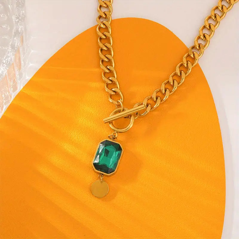 Althea Gold Chain Necklace with Green Crystal Pendant