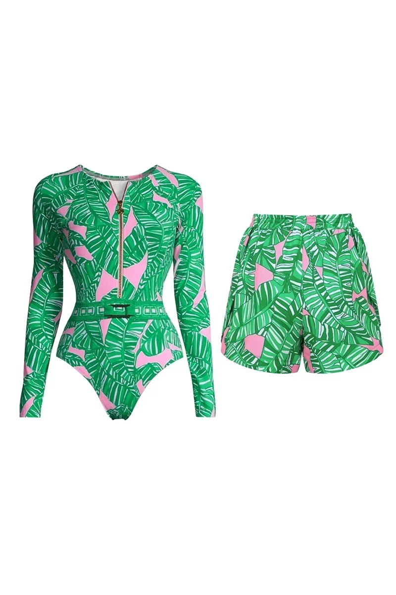 Green Patterned Surf Shorts Set