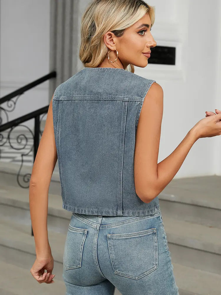 Denim Vest with a Fitted Cut and Button Closure
