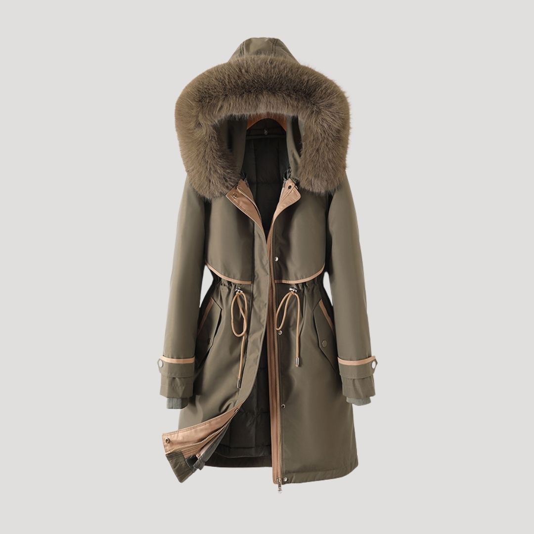 Women’s Longline Hooded Winter Parka with Detachable Faux Fur Trim – Warm Zip-Up Coat with Adjustable Waist for Cold Weather