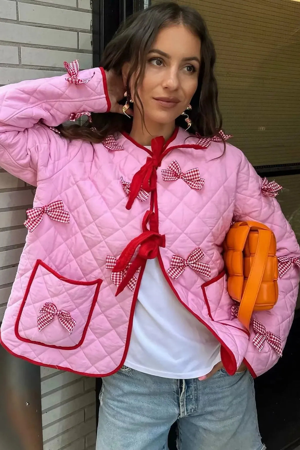 Relaxed Daily Solid Pocket Bow Decor Crew Neck Outerwear