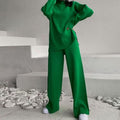 Women's Soft Knit Two-Piece Loungewear Set – Relaxed Turtleneck Jumper and Wide Leg Trousers for Autumn and Winter