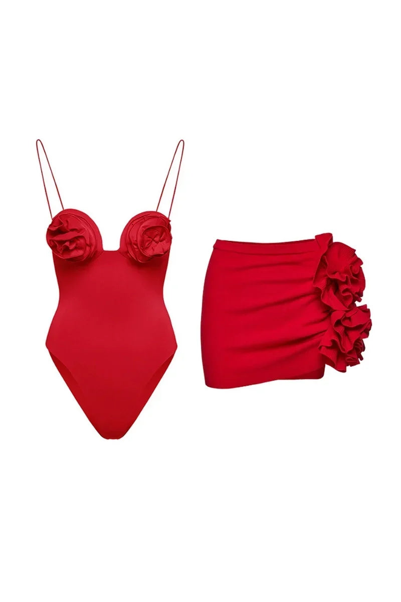 Flower Applique Swimsuit Skirt Set