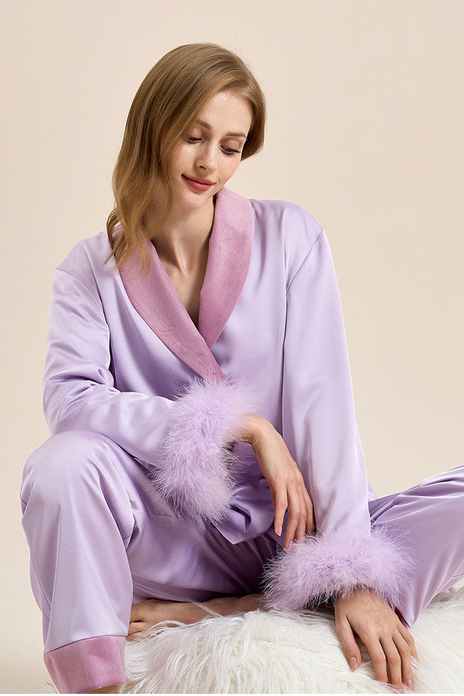 Coordinated Feather Trim Red Pajama Set