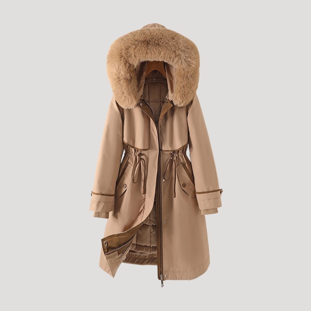 Women’s Longline Hooded Winter Parka with Detachable Faux Fur Trim – Warm Zip-Up Coat with Adjustable Waist for Cold Weather