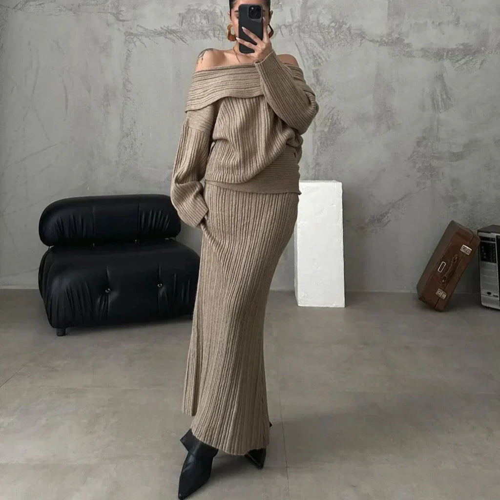 Women's Off-Shoulder Ribbed Knit Jumper and Fitted Maxi Skirt Set – Elegant Relaxed Two-Piece Co-Ord for Autumn and Winter