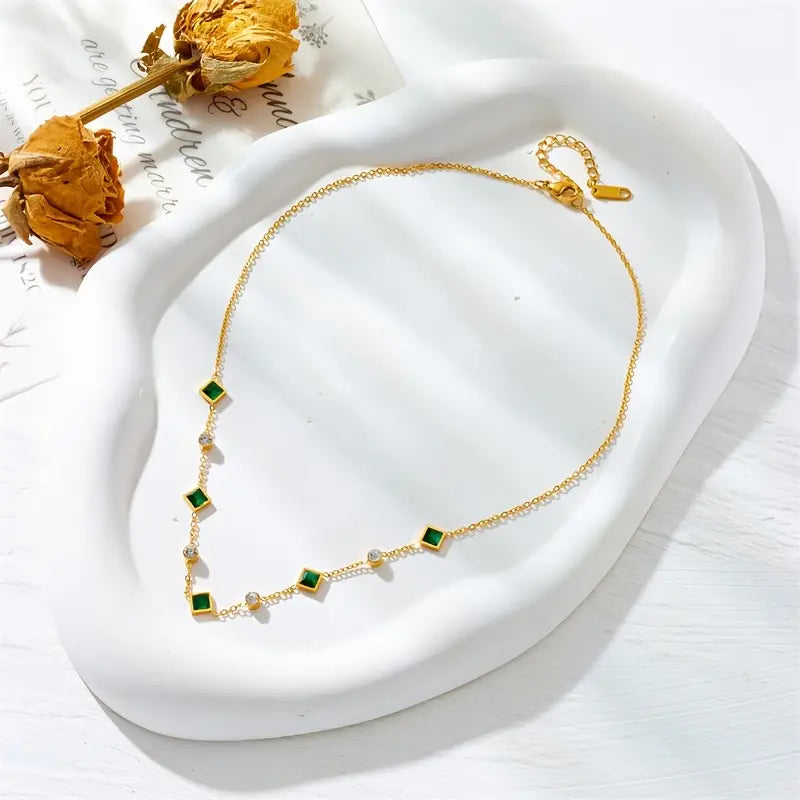 Evelina Gold Necklace with Green Crystals and Cubic Zirconia