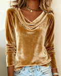 Women’s Velvet Cowl-Neck Blouse with Long Sleeves – Soft Draped Finish for Everyday Elegance and Evening Styling