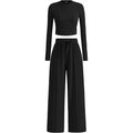 Women's Long-Sleeve Fitted Top and Wide-Leg Trousers Set – Minimalist Two-Piece Outfit for Everyday Casual Wear