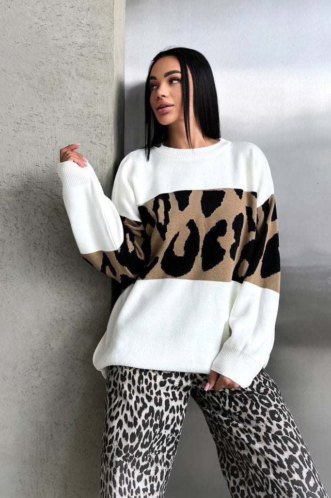 Retro Leopard Print Color-Block Knit Sweater