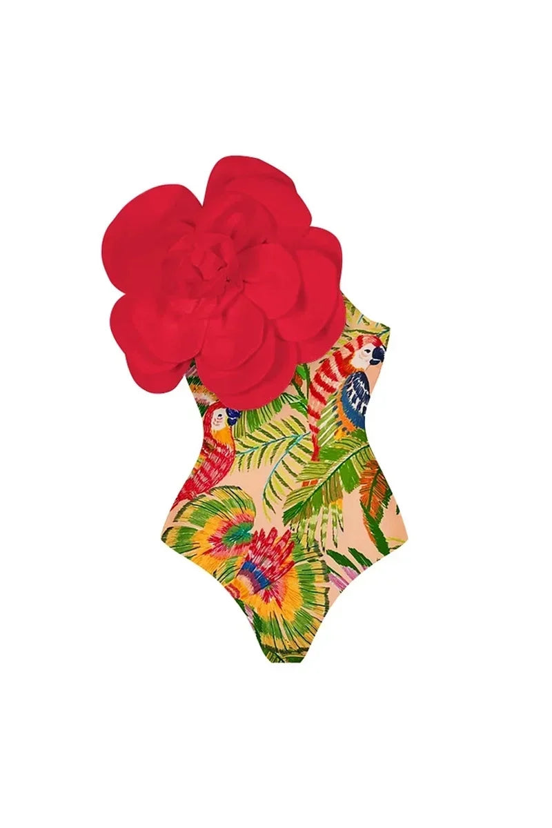 3D Red Flower Embellished One-Piece Swimwear