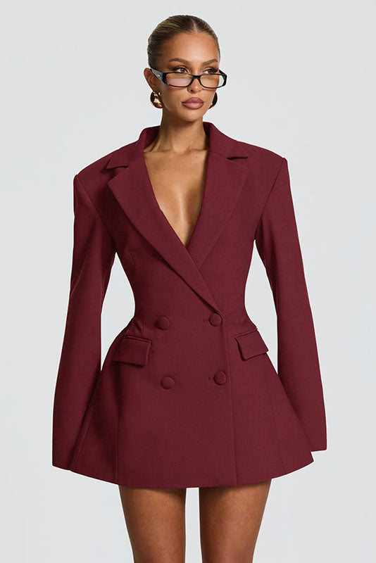 Deep V-Neck Waisted Blazer Mini-Length Dress