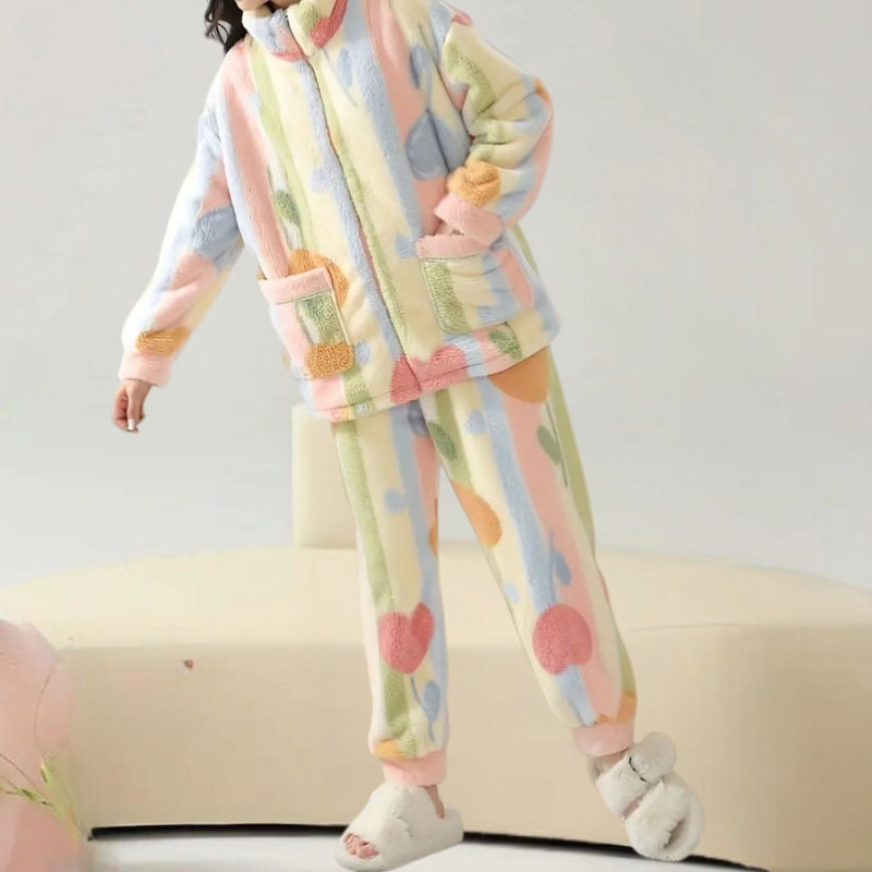 Women's Plush Fleece Zip-Up Jacket and Jogger Trousers Set – Cozy Colorful Two-Piece Loungewear for Autumn and Winter