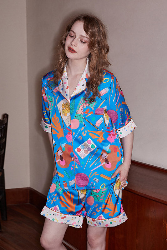 Stationery Print Relaxed Short-Sleeve Loungewear Set Blue