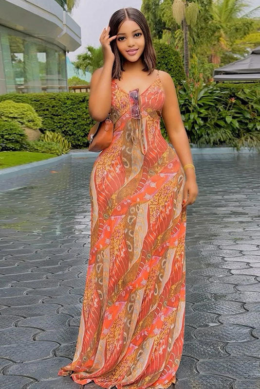 Boho Abstract Flower Mesh Slip Maxi-Length Dress