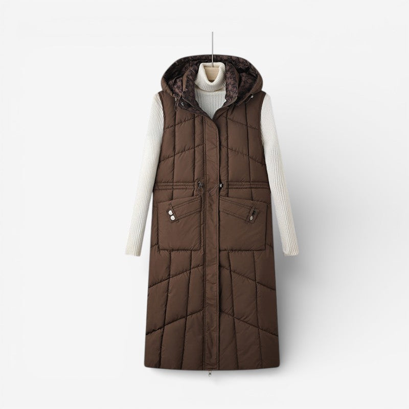 Women’s Longline Reversible Quilted Gilet with Hood and Adjustable Waist – Warm Sleeveless Padded Bodywarmer for Autumn and Winter