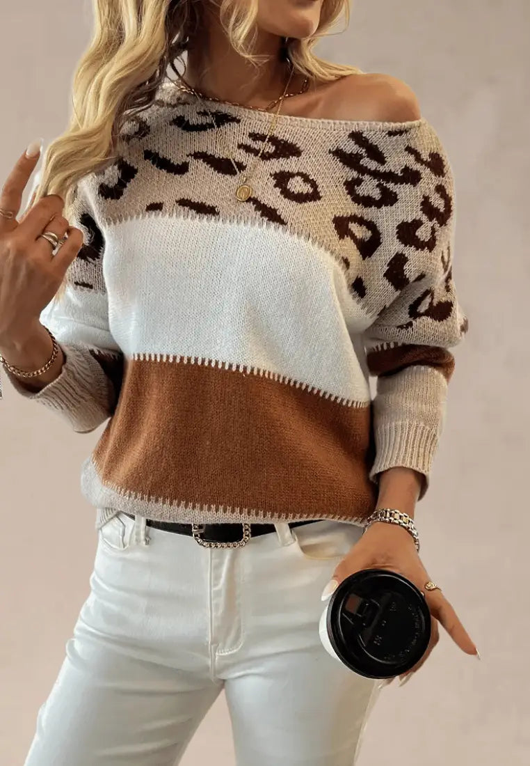 Women's Animal Print Colourblock Sweater – Relaxed Crew Neck Knit with Long Sleeves for Autumn and Winter