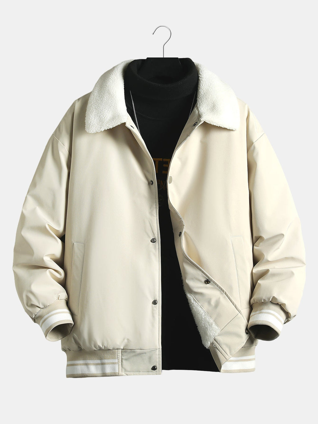 Men's Teddy-Lined Baseball Bomber Jacket – Warm Sherpa Collar Outerwear with Snap-Button Fastening and Striped Ribbed Trims for Autumn and Winter