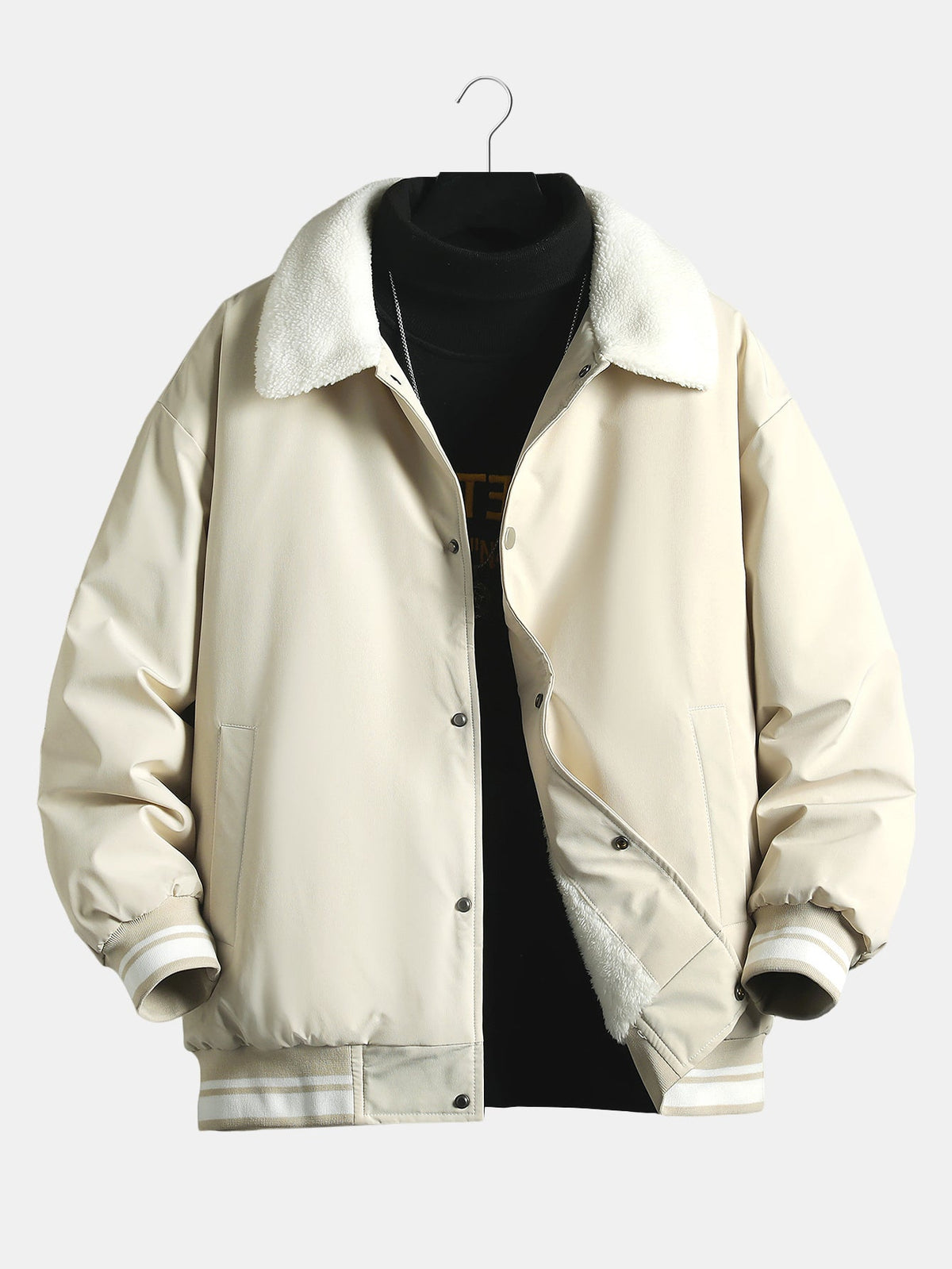 Men's Teddy-Lined Baseball Bomber Jacket – Warm Sherpa Collar Outerwear with Snap-Button Fastening and Striped Ribbed Trims for Autumn and Winter
