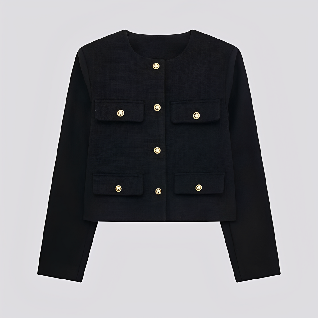 Women’s Cropped Collarless Jacket with Decorative Buttons and Flap Pockets – Elegant Tailored Layer for Smart Casual Wear