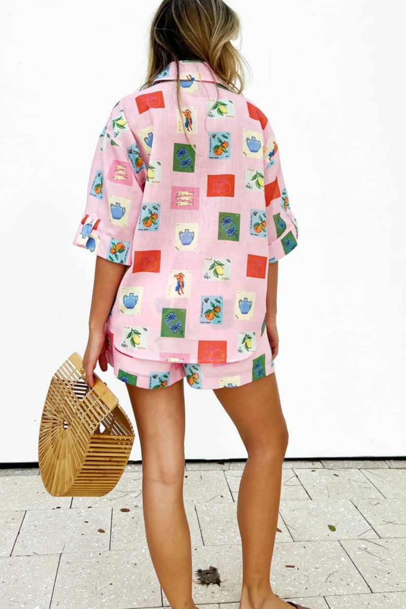Coordinated Short Set Pink Stamp Print