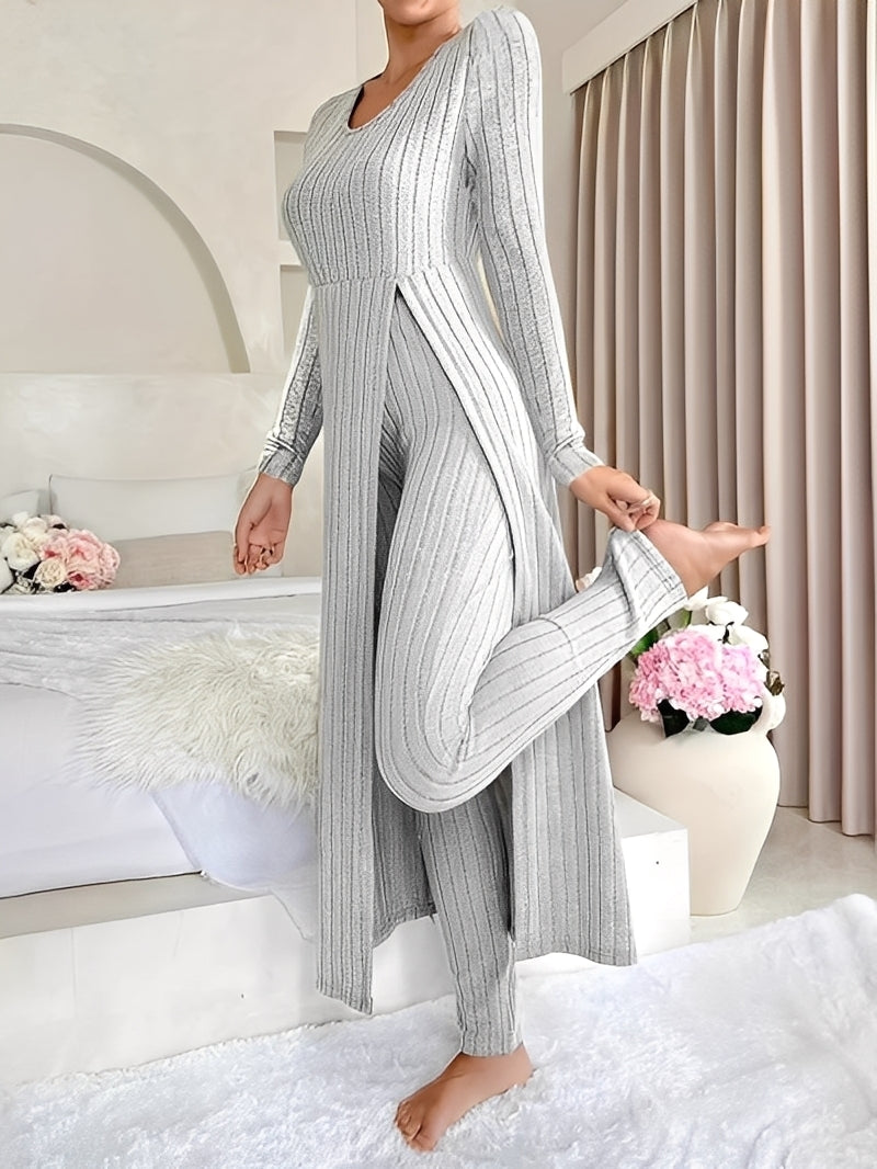Women's Ribbed Knit Longline Tunic and Trousers Set – Elegant Fitted Two-Piece Outfit for Autumn and Winter