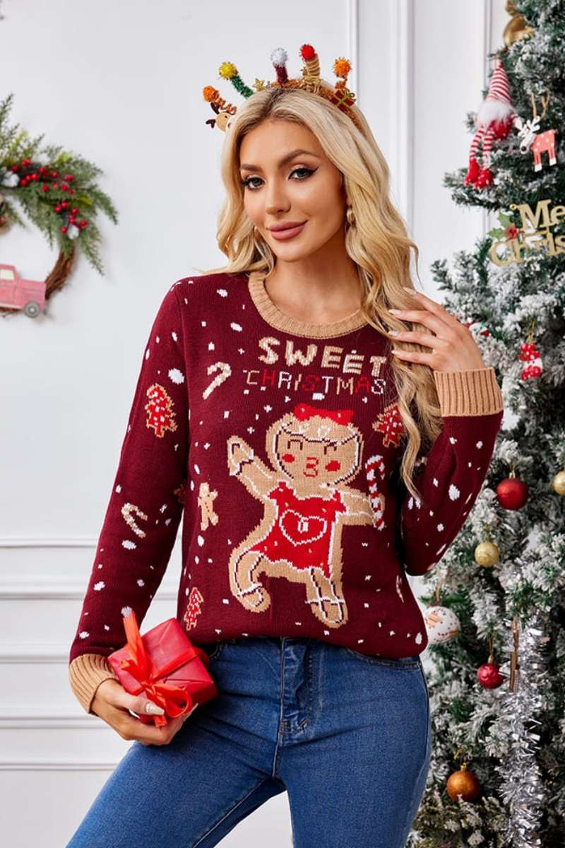 Relaxed Crew Neck Embroidered Knit Sweater Gingerbread Man